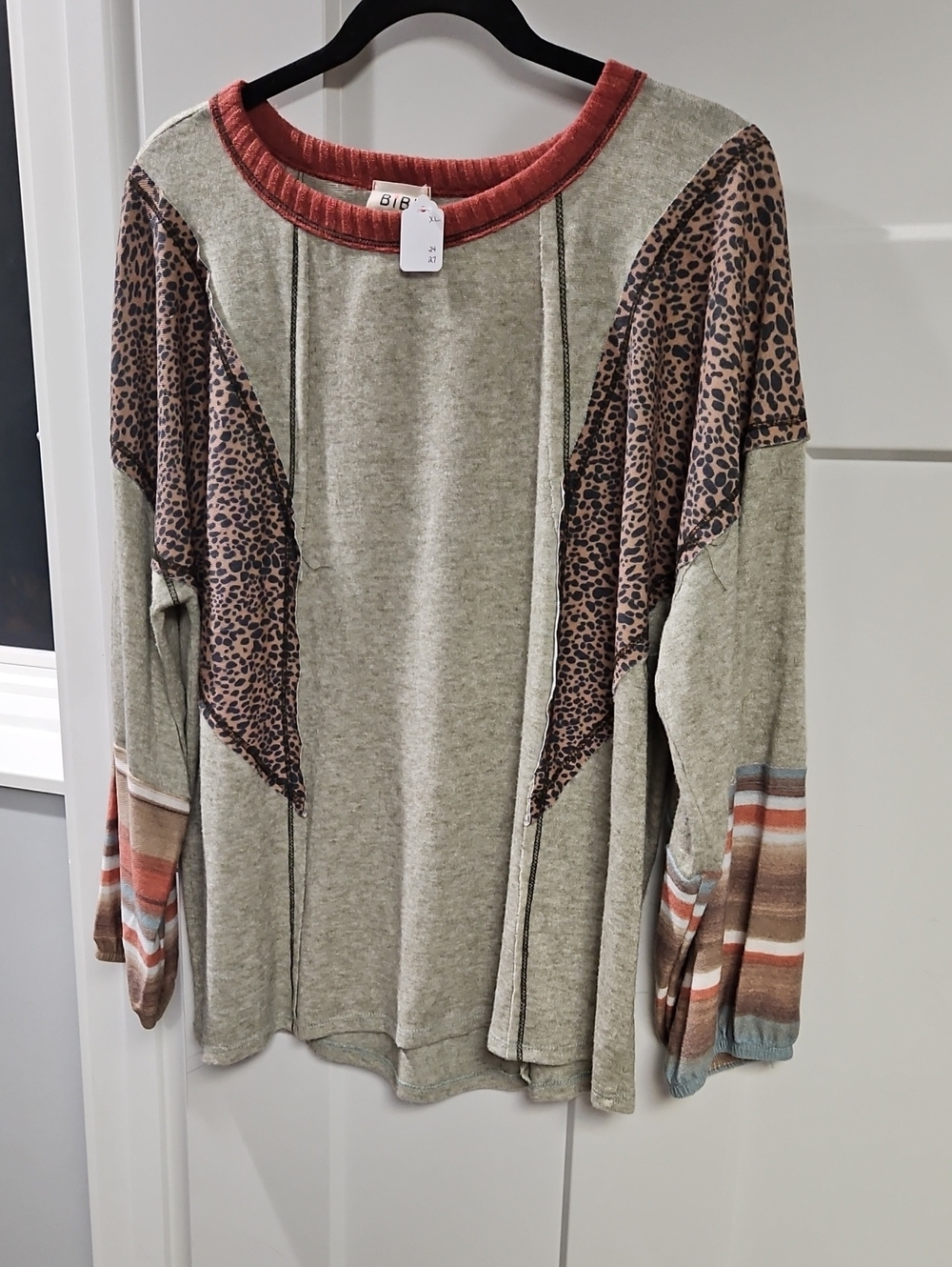 BiBi Olive Long Sleeve Top with Rust Neckline & Leopard Panels